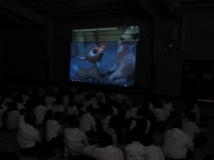 Students watch “Rudolph the Red Nosed Reindeer”
