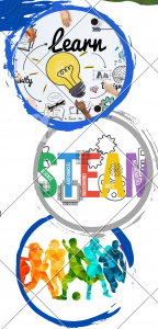 Three circles representing Learning, STEAM (Science, Technology, Arts, Mathematics) and Teamwork depicted as stylized athletes
